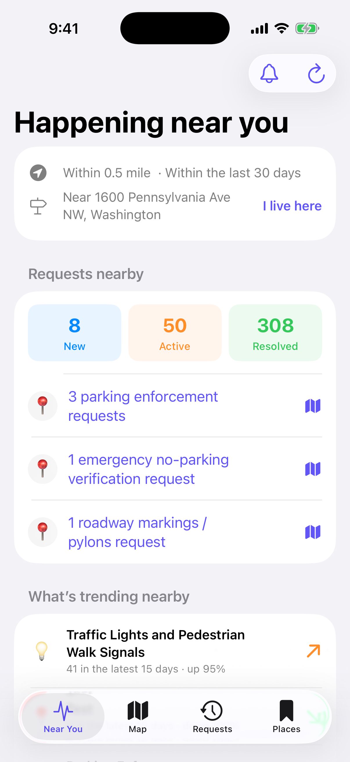 DC Pulse Near You screen with nearby public activity and status summaries